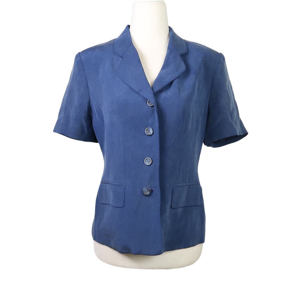Vintage 90s Charter Club navy blue silk short sleeve blazer jacket 8P
